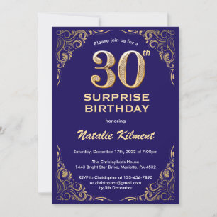 Verrassend 30th Birthday Navy Blue en Gold Glitter Kaart