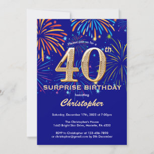 Verrassend 40e verjaardag Navy Blue en Gold Firewo Kaart