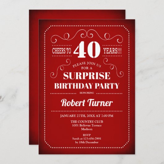 Verrassend 40e verjaardag Uitnodiging - Rood Wit (Voorkant / Achterkant)