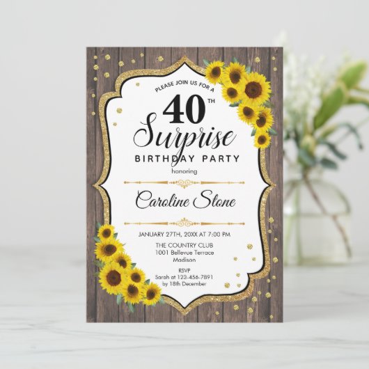Verrassend 40e verjaardag - Zonnebloemen Rustisch Kaart (Staand voorkant)