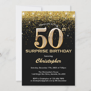 Verrassend 50e verjaardag zwart en gouden glitter kaart