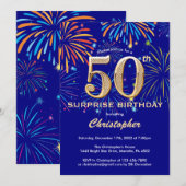 Verrassend 50th Birthday Navy Blue & Gold Firework Kaart (Voorkant / Achterkant)