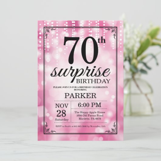 Verrassend 70e verjaardag Uitnodiging Roze Glitter (Staand voorkant)