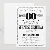 Verrassend 80e verjaardag Uitnodiging zwart-wit (Voorkant / Achterkant)