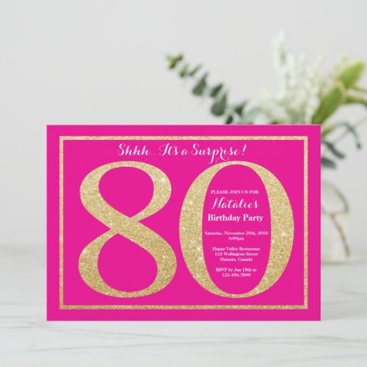 Verrassend 80e verjaardag warme roze en goudglitte kaart (Staand voorkant)