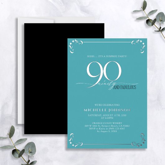 Verrassend 90 & Fabulous Turquoise & Silver Birthd Folie Uitnodiging