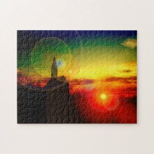 Verrassend kerkbeeld bij zonsondergang legpuzzel