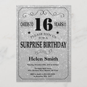 Verrassende 16e verjaardag Zwart en Zilver Glitter Kaart