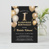 Verrassende 1e verjaardag zwarte en goudballonnen kaart (Staand voorkant)