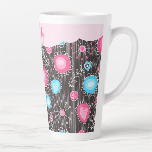 Verrassende roze blauwe harten en bloemen bloemrij latte mok (Rechts)