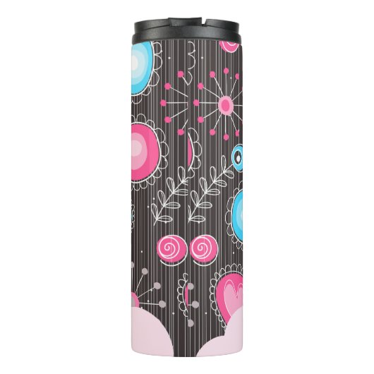 Verrassende roze blauwe harten en bloemen bloemrij thermosbeker (Achterkant)