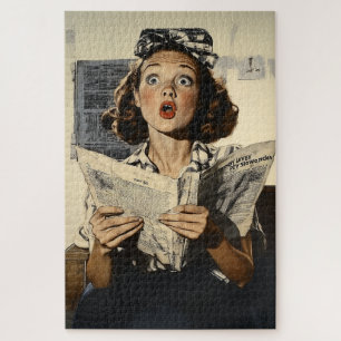 Verrassende vrouw leest krant legpuzzel
