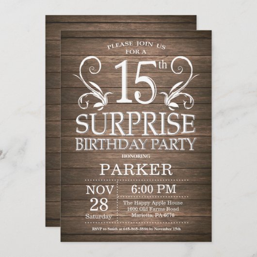 Verrassing 15e verjaardag uitnodiging rustiek hout (Voorkant / Achterkant)