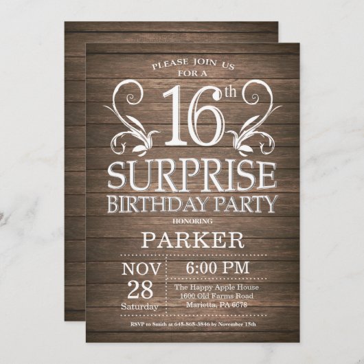 Verrassing 16e verjaardag uitnodiging rustiek hout (Voorkant / Achterkant)
