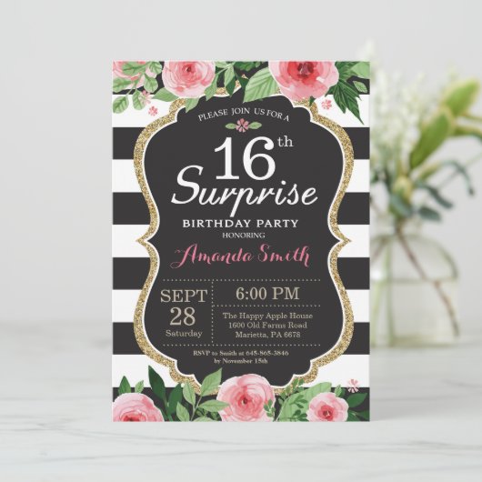 Verrassing 16e verjaardag uitnodiging vrouwen. Flo (Staand voorkant)