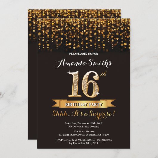 Verrassing 16e verjaardag uitnodiging zwart en gou (Voorkant / Achterkant)