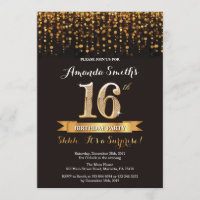 Verrassing 16e verjaardag uitnodiging zwart en gou