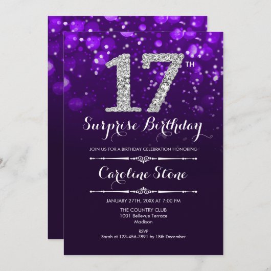 Verrassing 17e verjaardag - Paarse zilveren Kaart (Voorkant / Achterkant)