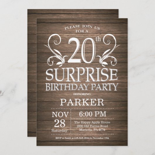 Verrassing 20e verjaardag uitnodiging rustiek hout (Voorkant / Achterkant)