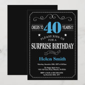 Verrassing 40e verjaardag uitnodiging blauw en zwa (Voorkant / Achterkant)
