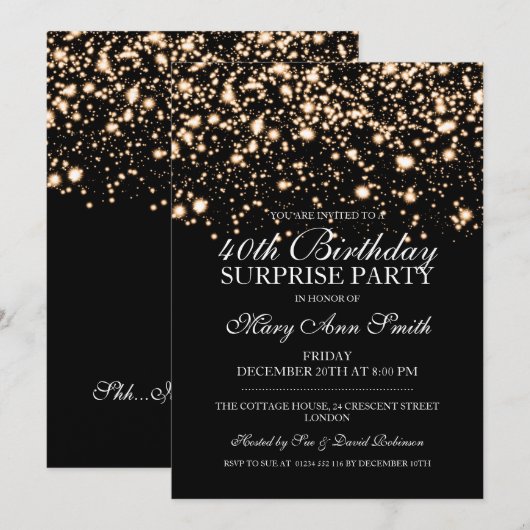 Verrassing 40e verjaardagsfeest Gold Midnight Glam Kaart (Voorkant / Achterkant)