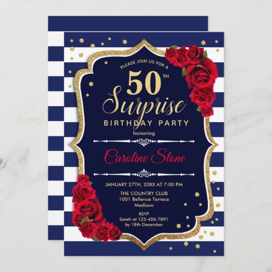 Verrassing 50ste verjaardag uitnodiging Marine Wit (Voorkant / Achterkant)
