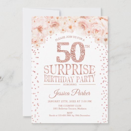 Verrassing 50ste Verjaardagsfeest - Wit Rose Gold Kaart (Voorkant)