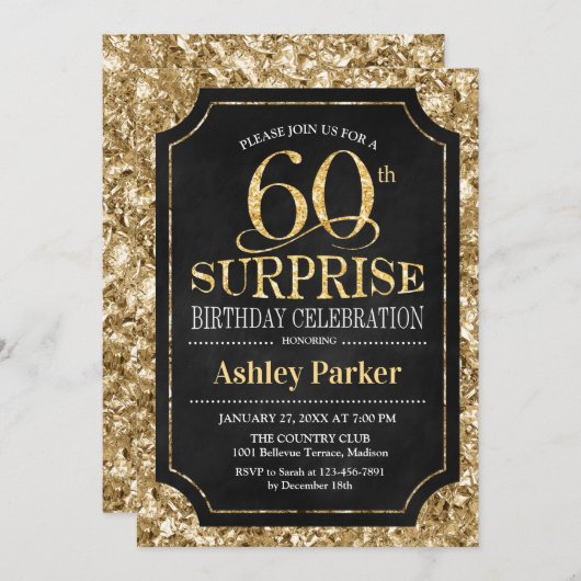Verrassing 60ste Verjaardagsfeest - Goud Zwart Kaart (Voorkant / Achterkant)