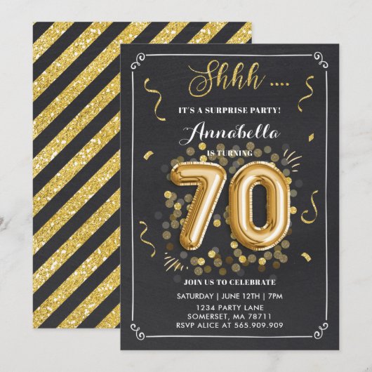 Verrassing 70e verjaardag uitnodiging Gold schoolb (Voorkant / Achterkant)