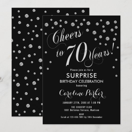 Verrassing 70ste Verjaardagsfeest - Zilver Zwart Kaart (Voorkant / Achterkant)