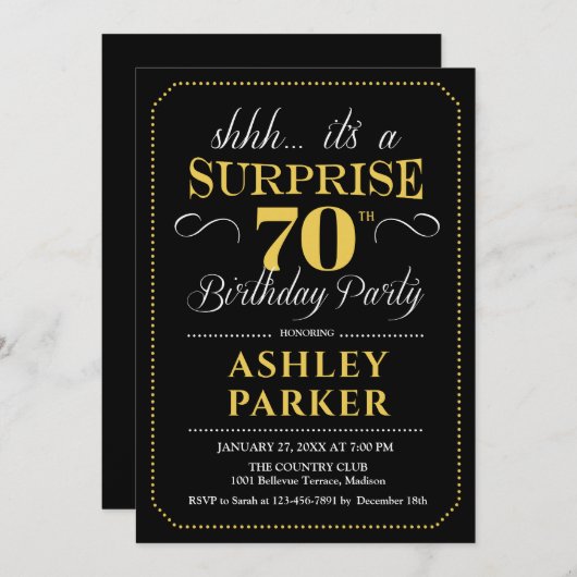 Verrassing 70ste verjaardagsfeestje - Zwart Goud Kaart (Voorkant / Achterkant)