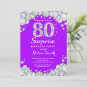 Verrassing 80e verjaardag Paarse en zilveren diama Kaart (Staand voorkant)