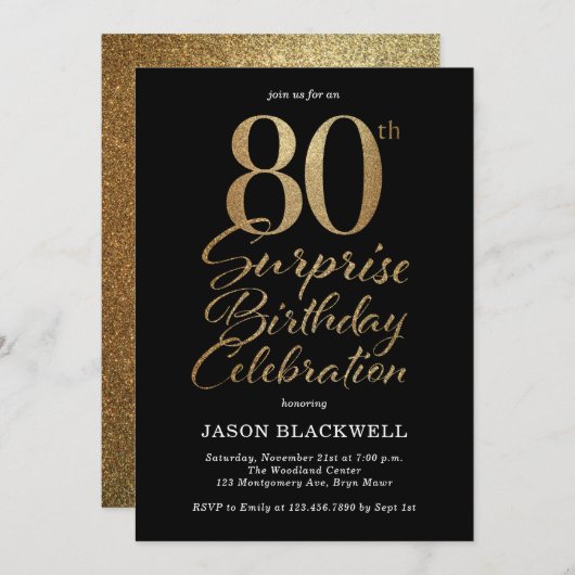 Verrassing 80e verjaardag viering Zwart & Goud Kaart (Voorkant / Achterkant)
