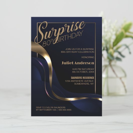 Verrassing 80ste verjaardag Blue Gold Party uitnod Kaart (Staand voorkant)