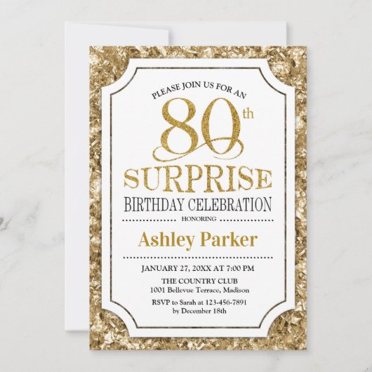 Verrassing 80ste Verjaardagsfeest - Goud Wit Kaart (Voorkant)