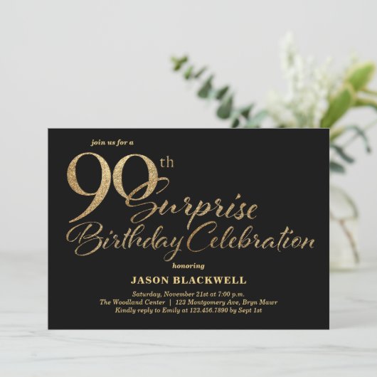 Verrassing 90e verjaardag viering Zwart & Goud Kaart (Staand voorkant)