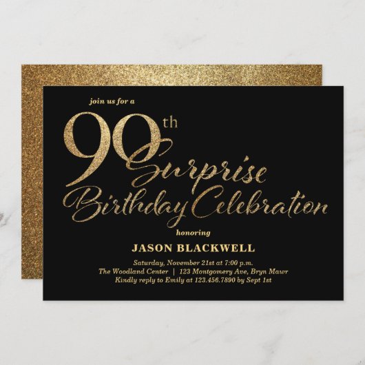 Verrassing 90e verjaardag viering Zwart & Goud Kaart (Voorkant / Achterkant)