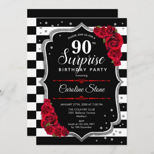 Verrassing 90ste verjaardag - Zwart Wit Rood Kaart (Voorkant / Achterkant)