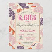 Verrassing Bloemen 60e verjaardag Uitnodiging Roze (Voorkant / Achterkant)