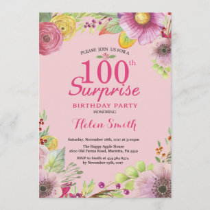 Verrassing Floral 100e verjaardag uitnodiging vrou