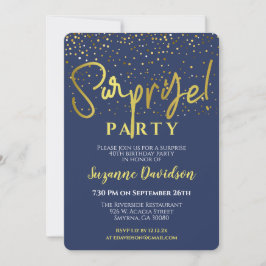 Verrassing Verjaardagsfeest Blauw Goud Typografie Kaart