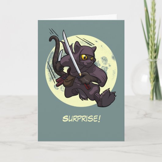 Verrassing! Zwarte Kat Ninja Vliegende Trap Cartoo Kaart (Voorkant)
