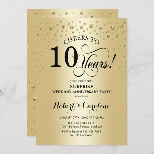 Verrassingsfeest 10-jarig jubileum - Goud Zwart Kaart (Voorkant / Achterkant)