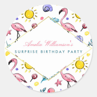 verrassingsfeest | Zomer Flamingo, Lollipop en zon Ronde Sticker