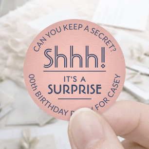 Verrassingsfeestje Navy Blauw & Roze Goudkleurig Ronde Sticker