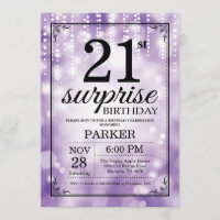Verrassingsuitnodiging 21e verjaardag paarse glitt