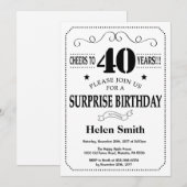 Verrassingsuitnodiging 40e verjaardag zwart en wit kaart (Voorkant / Achterkant)