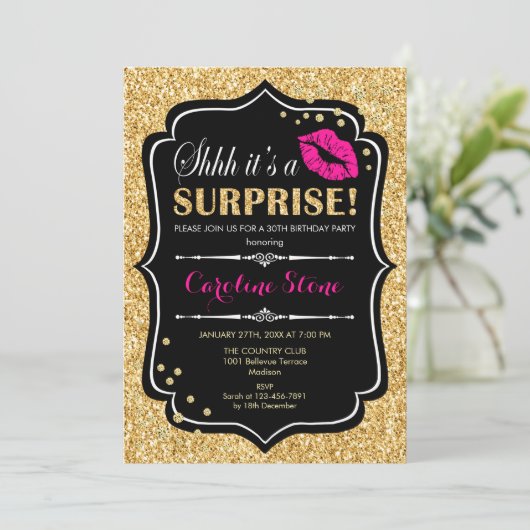 Verrassingsverjaardagsfeestje - Zwart Roze Goud Kaart (Staand voorkant)