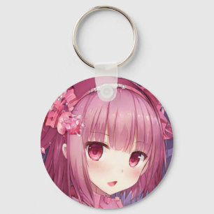 Verraste magenta roze haar ogen anime meisje rozen sleutelhanger
