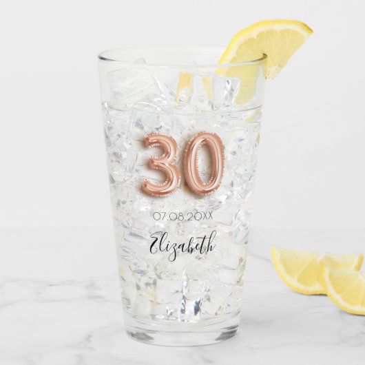 Verre 30e anniversaire rose nom confetti en or (Dos glace)